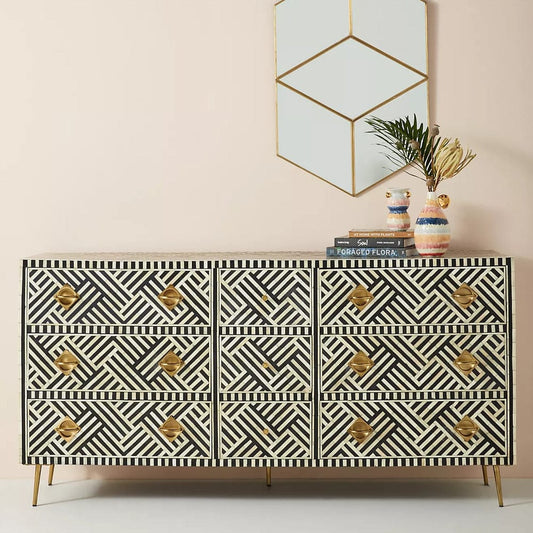 Chevron Bone Inlay Storage Cabinet Black