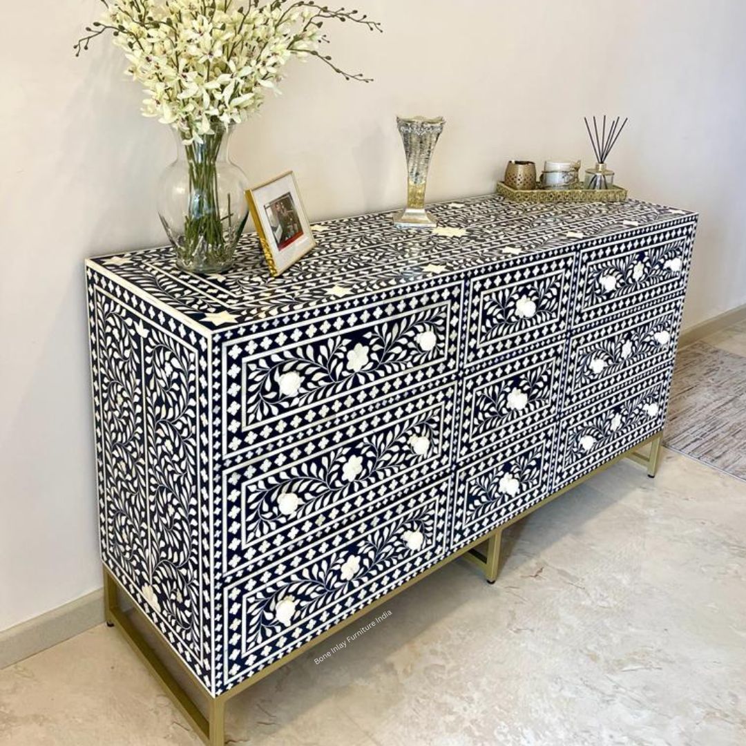 Bone Inlay Chest Drawers Floral Design in Black with Brass Stand