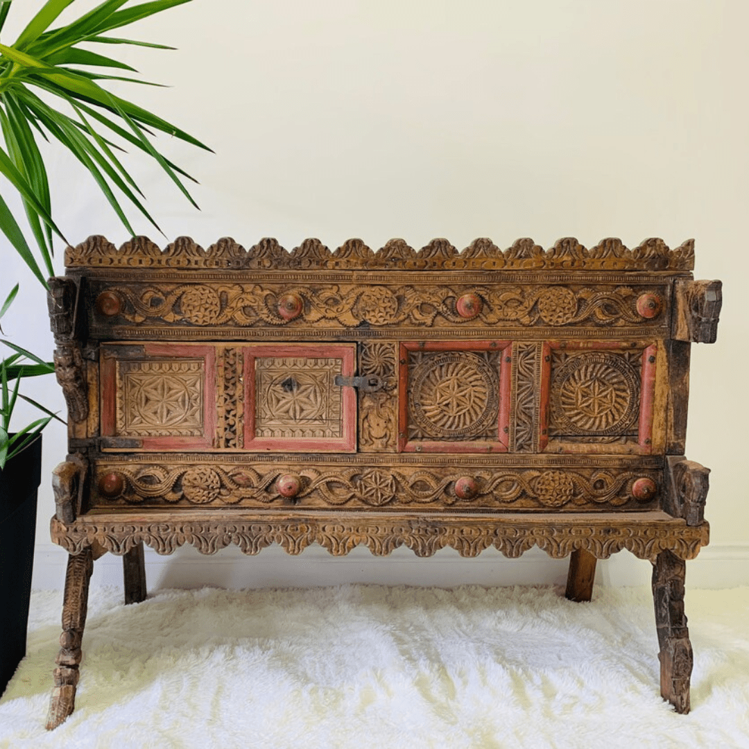 Hand Carved Indian Rustic Wooden Indian Sideboard Hope Chest Dowry Damchiya