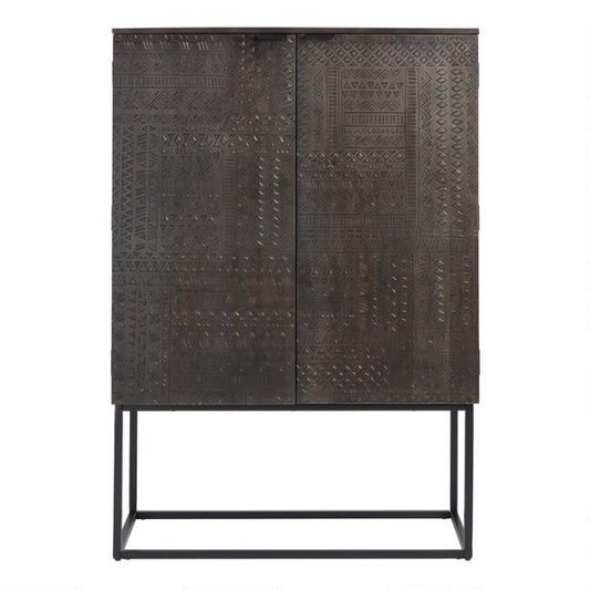 Wooden Hand Carved Black Geometric Bar Cart Cabinet | Wine Storage Rack Cabinet