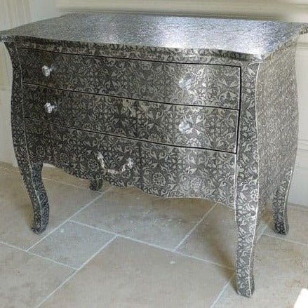 Hand Embossed Blackened Silver Embossed Metal Chest of Three Drawers Dresser