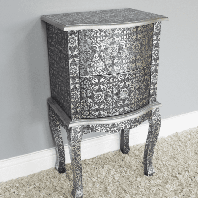 Handmade Embossed Blackened Silver Embossed Patterned Metal Bedside Table with Two Drawers