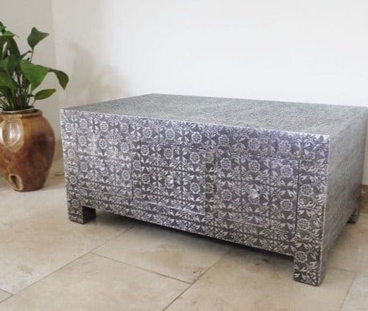 Handmade Blackened Silver Embossed Patterned Metal Coffee Table with Three Drawers