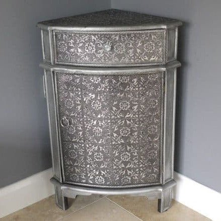 Handmade Blackened Silver Embossed Patterned Metal Corner Cabinet with One door and One Drawer