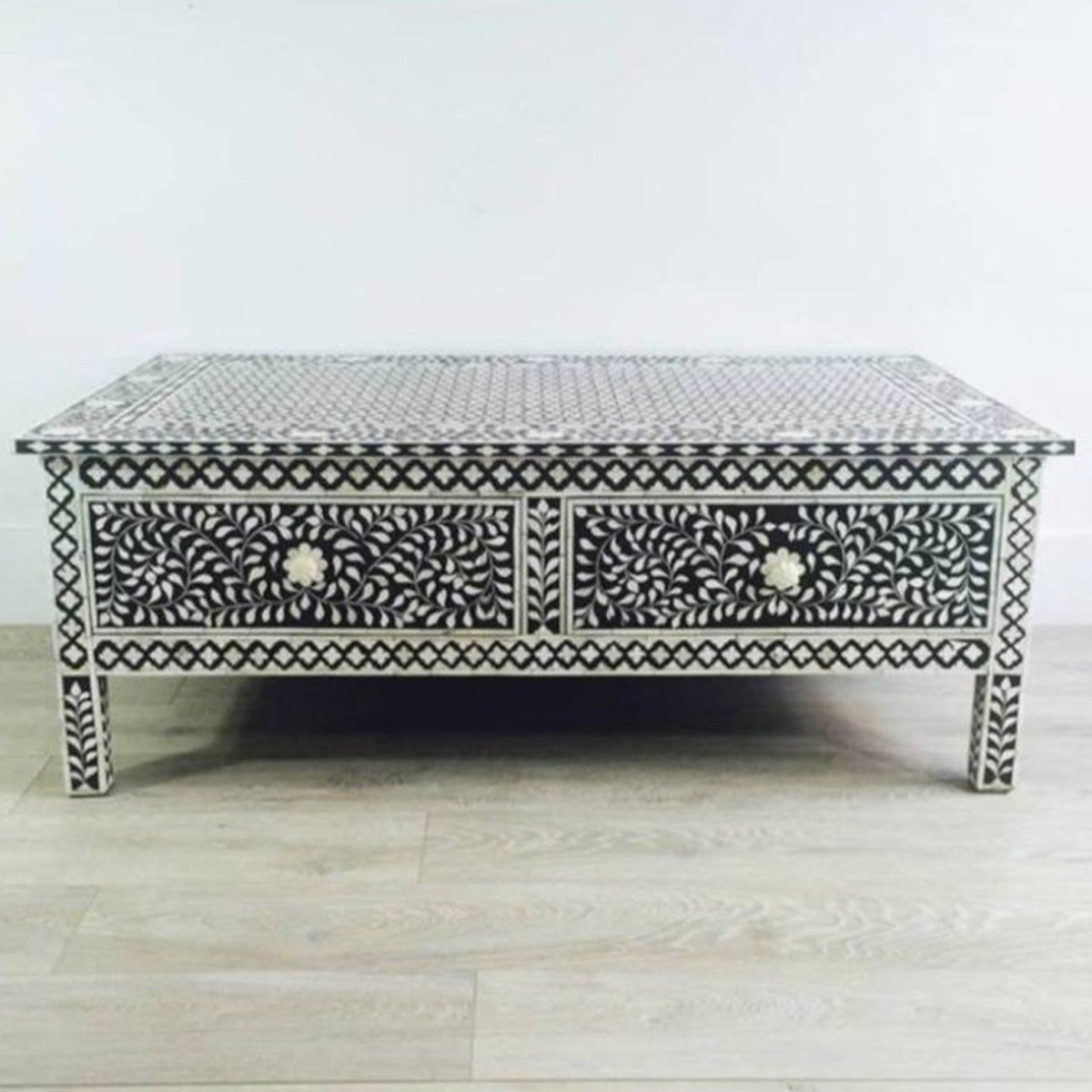 Handmade Bone Inlay Two Drawers Coffee Table in Black color