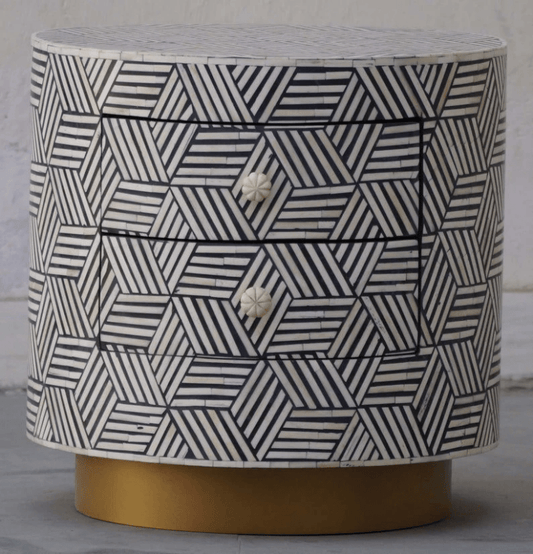 Handmade Bone Inlay Two Drawers Cylinder Bedside Table