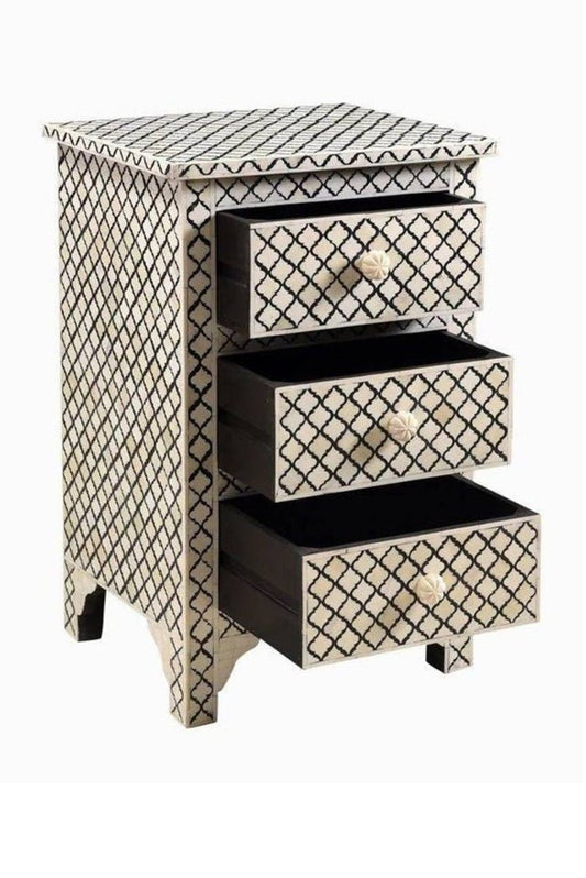 Handmade Bone Inlay Three Drawers Nightstand in Black Color