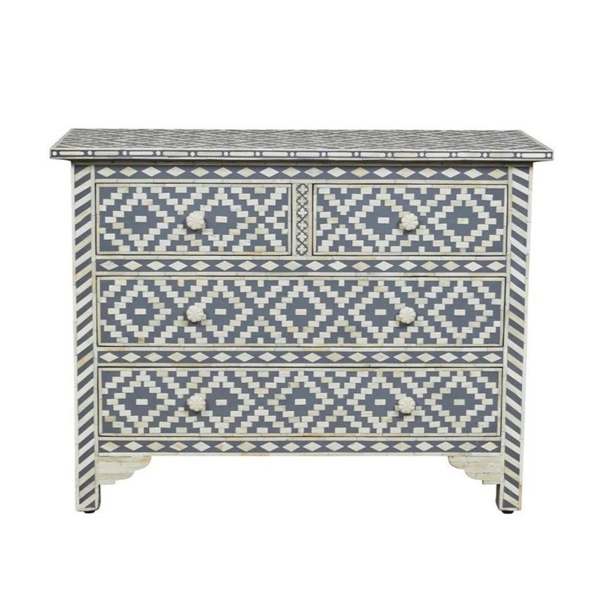 Handmade Bone Inlay Geometric Diamond Grey Color Chest of Four Drawer Dresser