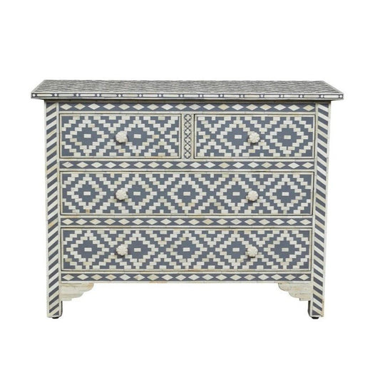 Handmade Bone Inlay Geometric Diamond Grey Color Chest of Four Drawer Dresser