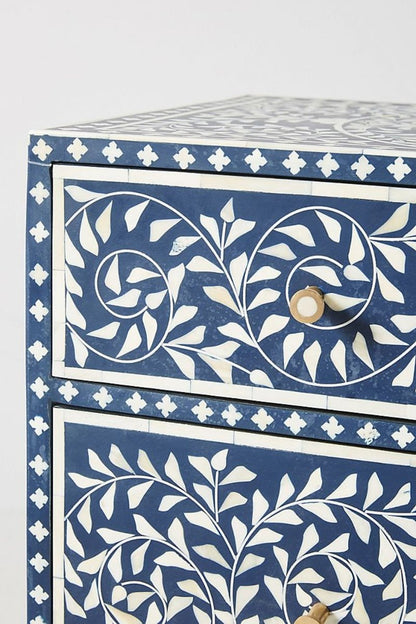 Handmade Bone Inlay Spiral Leaf Pattern Chest of Six Drawers Dresser Navy Blue