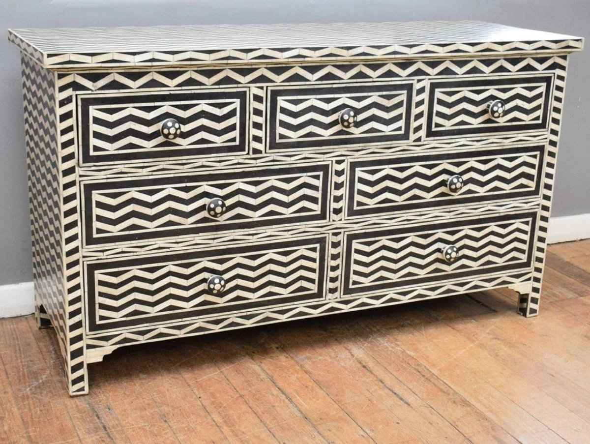 Handmade Bone Inlay Chest of Seven Drawers Dresser Zig-Zag Design