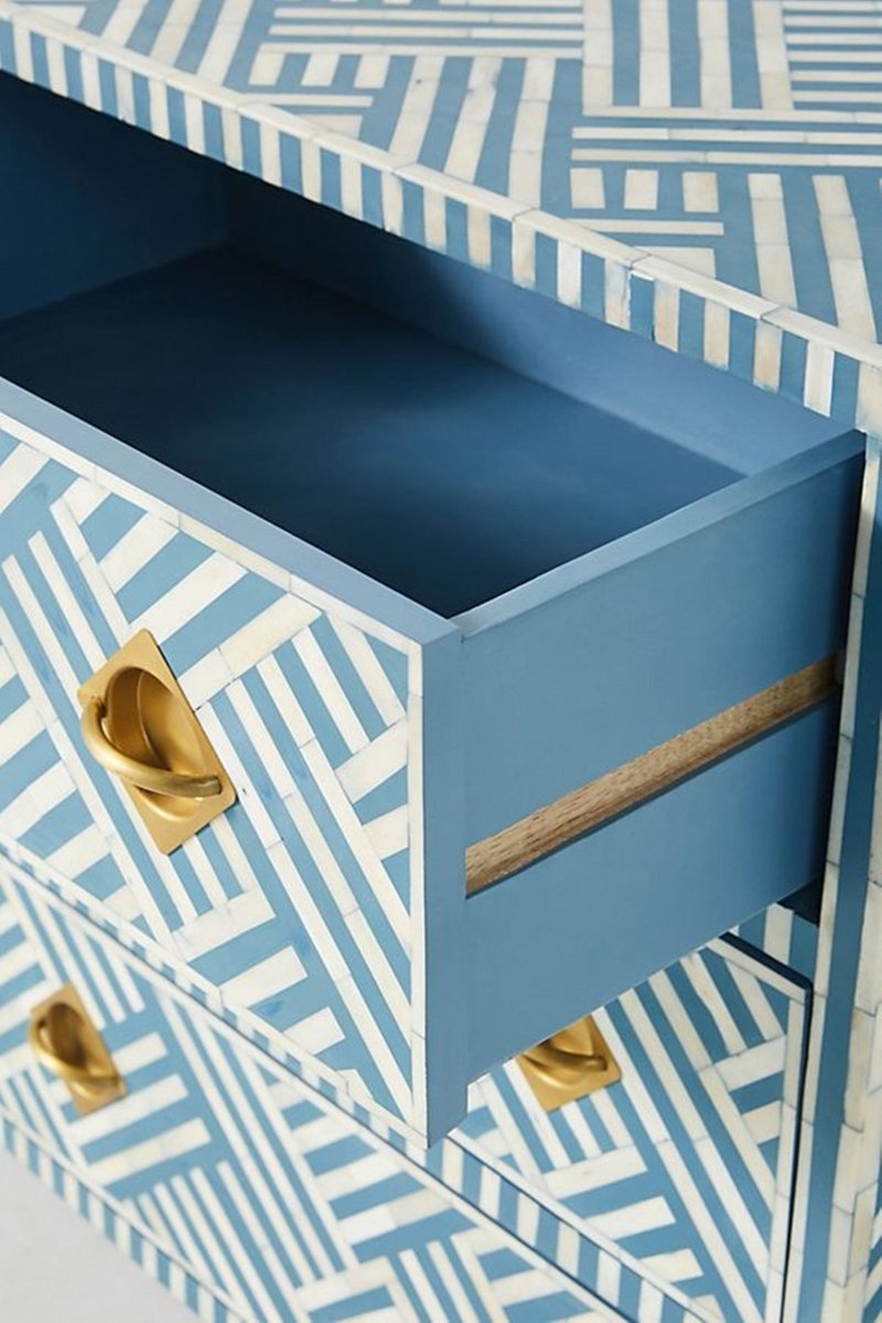 Handmade Bone Inlay Optical Chest of Nine Drawers Dresser in Sky Blue & White Color