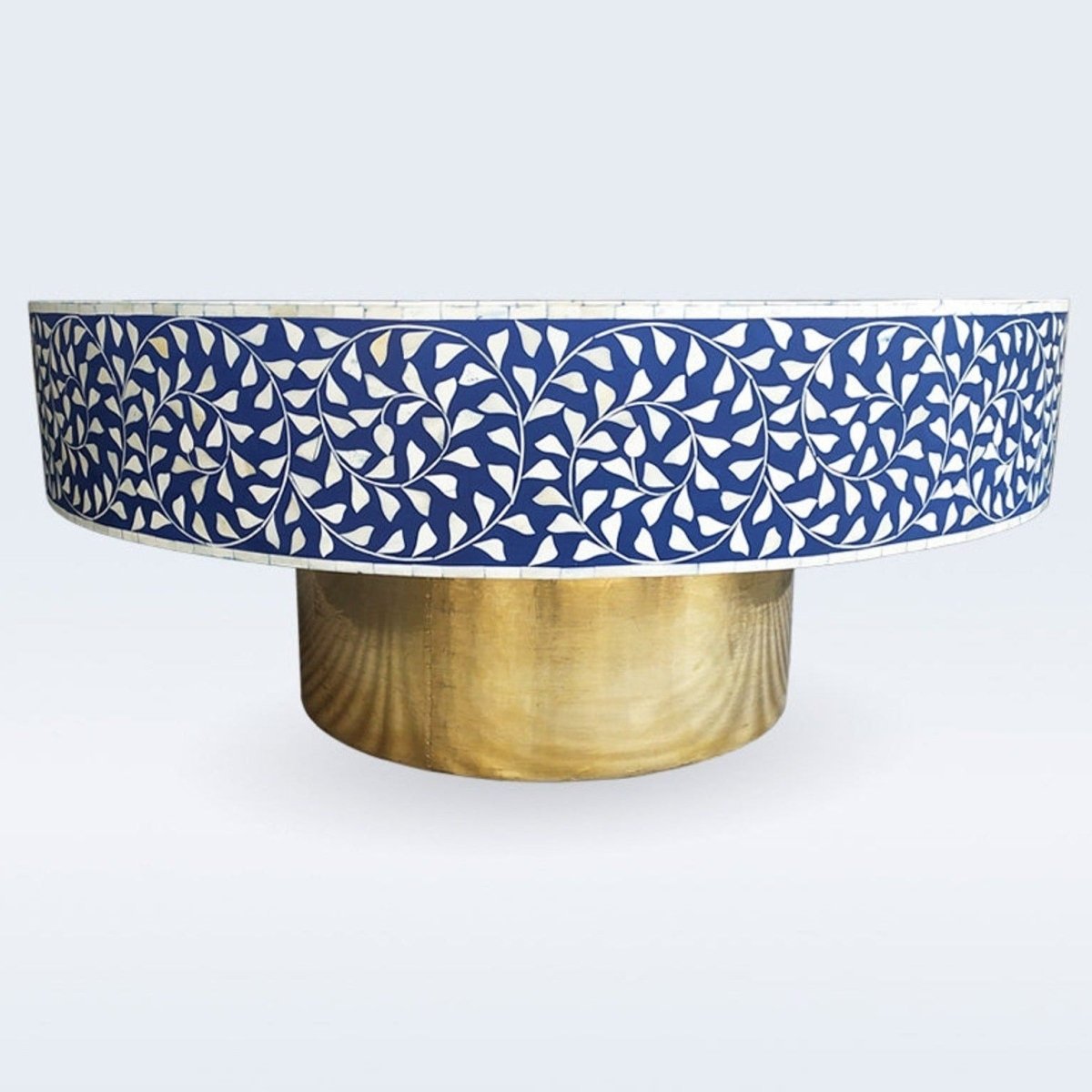 Handmade Bone Inlay Floral Bohemian Round Coffee Table with Brass Base  in Blue Color