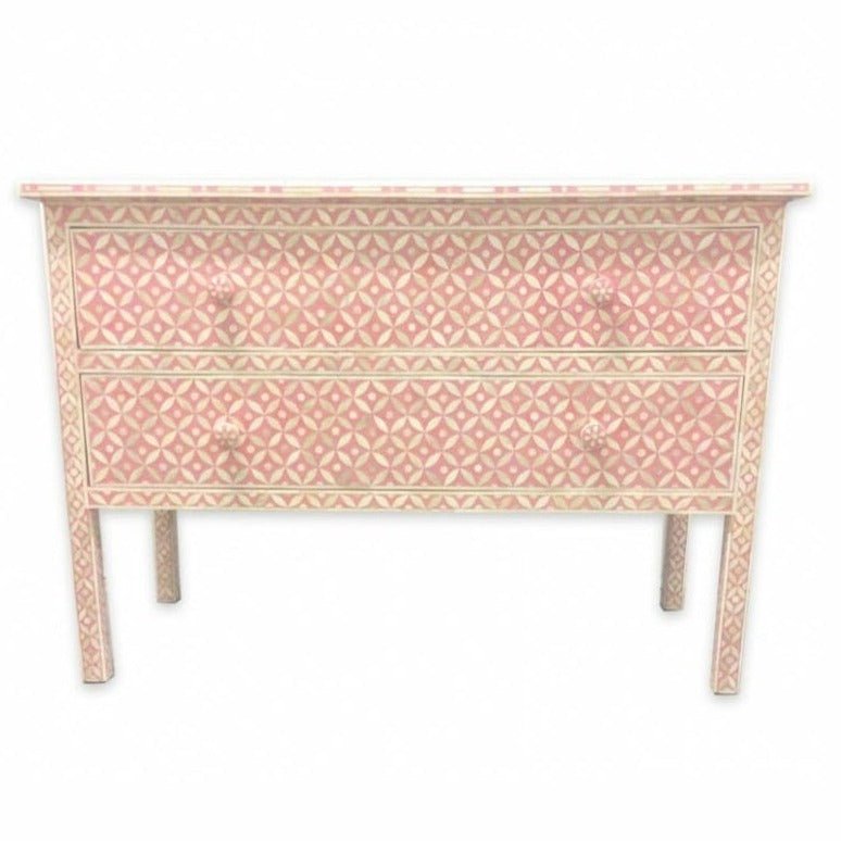 Handmade Bone Inlay Chest of Two Drawer Dresser Geometric Design Pink Color