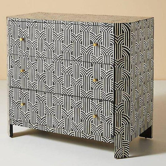 Handmade Bone Inlay Chest of Three Drawers in Black Color Chevron patterned