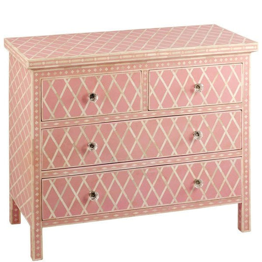 Handmade Bone Inlay Chest of 4 Drawers Diamond Design in Pink Color Indian Dresser