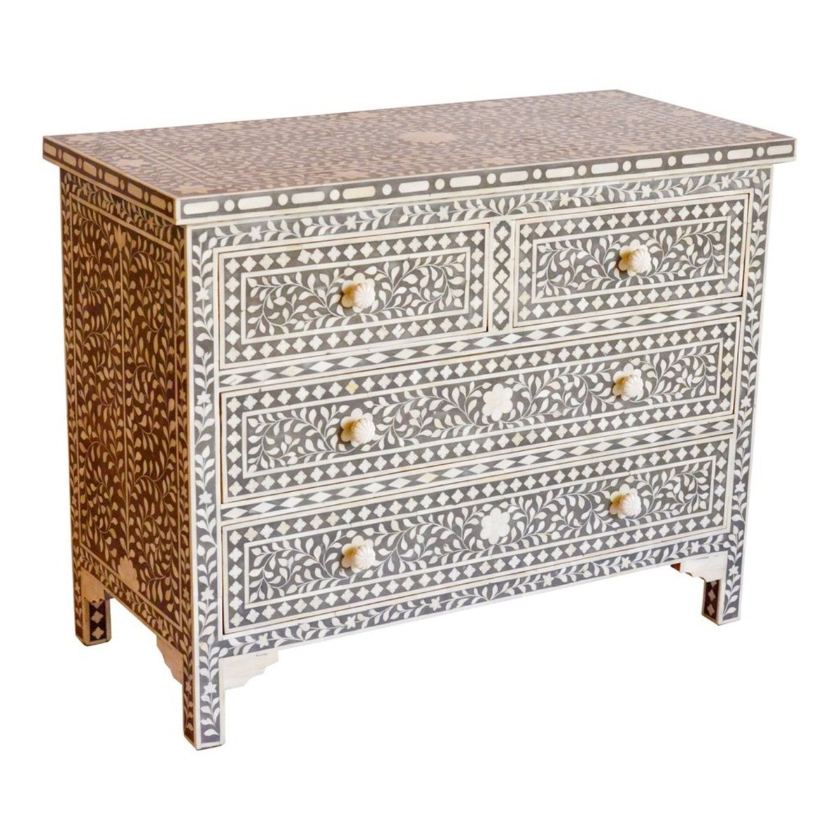 Handmade Bone Inlay Chest of Four Drawers Floral Design in Grey Color Indian Dresser