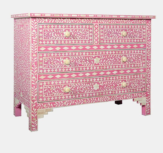 Handmade Bone Inlay Chest of Four Drawer Dresser Floral Design in Pink Color