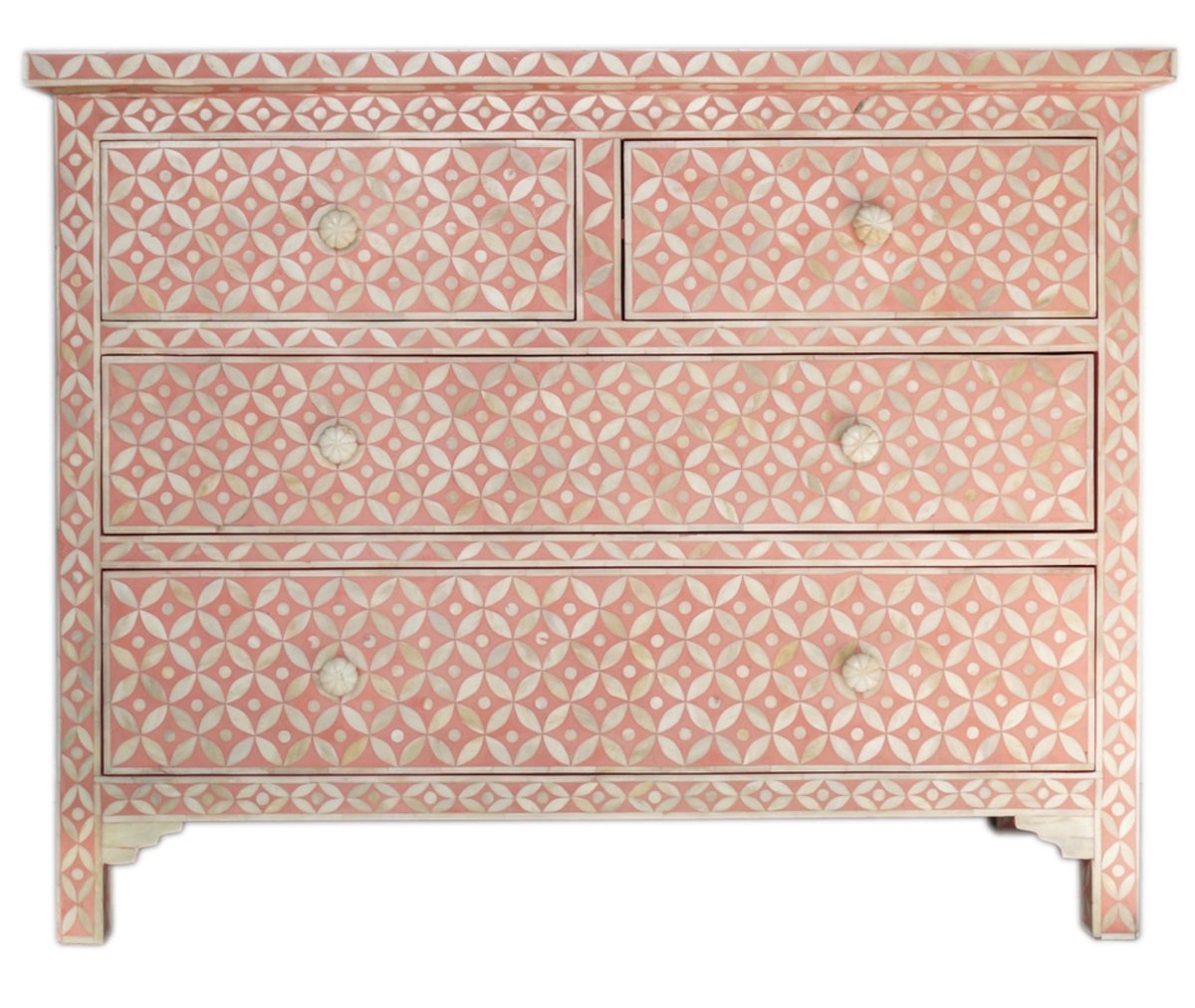 Handmade Bone Inlay Chest of 4 Drawers Geometric Design in Pink Color | Handmade Bedroom Storage Unit