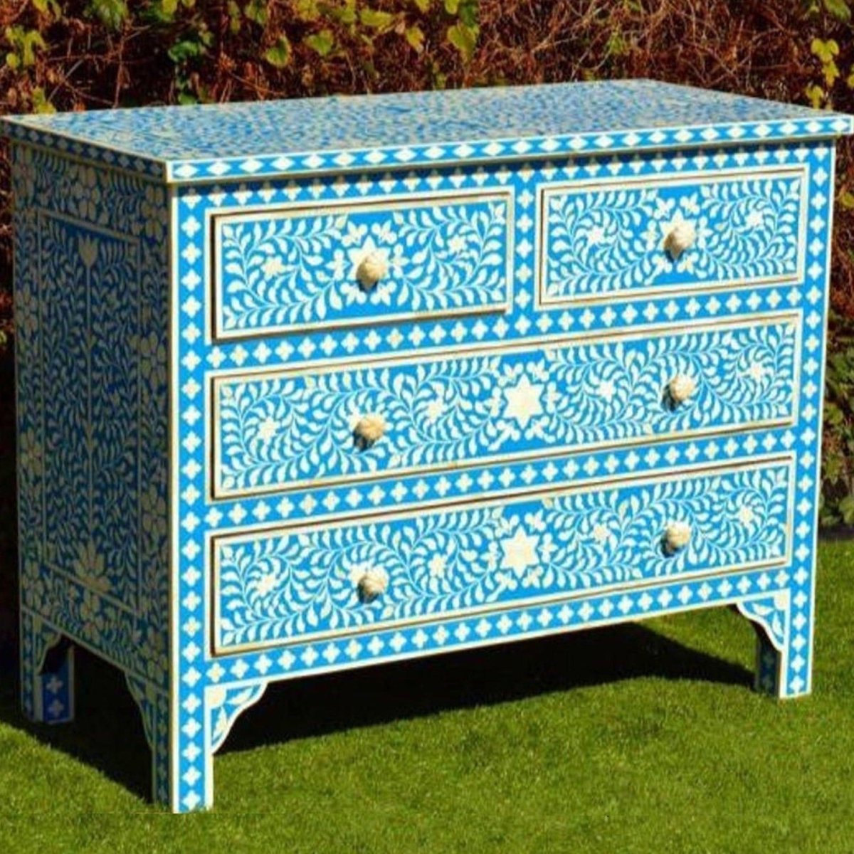 Handmade Bone inlay Chest of Four Drawers Dresser in Blue Color