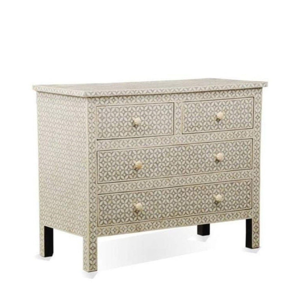 Handmade Bone Inlay Geometrical Chest of Four Drawers in Grey Color Dresser