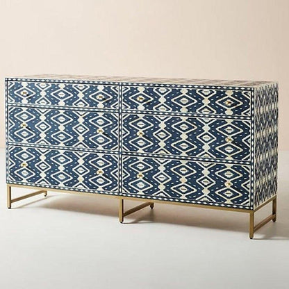 Handmade Bone Inlay Ikkat Design Chest of Six Drawers in Navy Blue Color