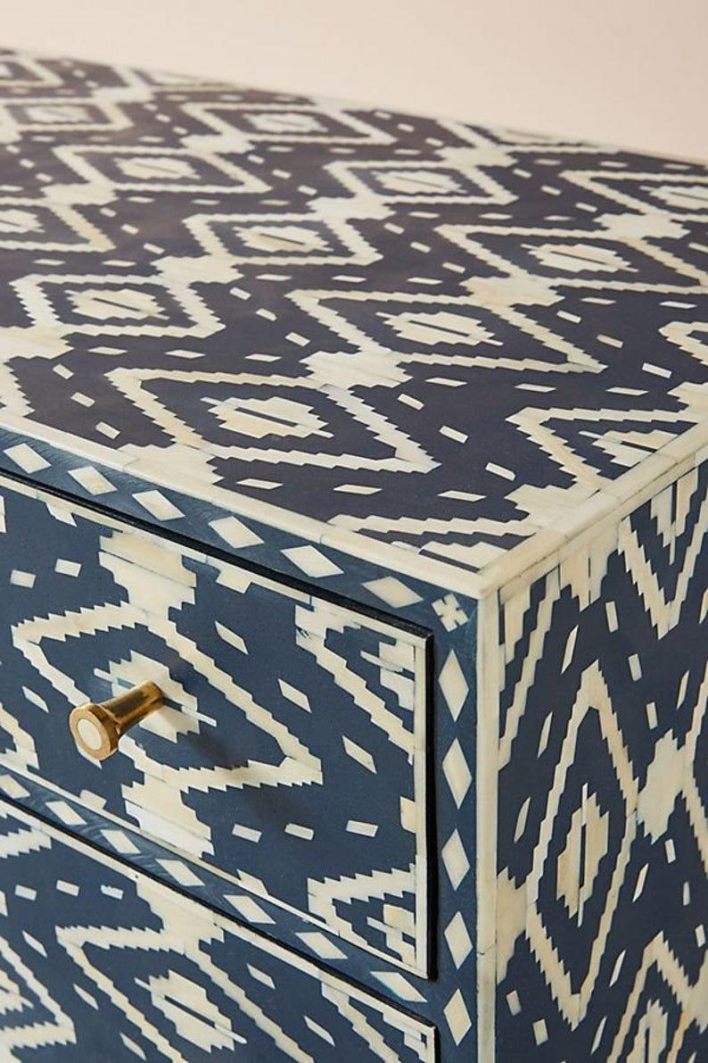 Handmade Bone Inlay Ikkat Design Chest of Six Drawers in Navy Blue Color