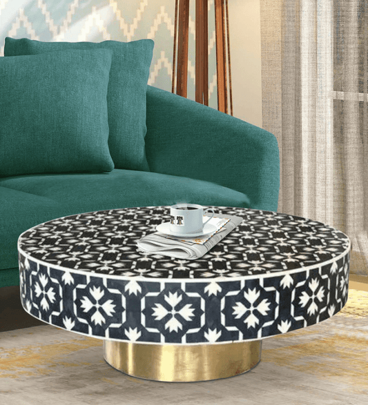 Handmade Bone Inlay Round Coffee Table with Brass Base in Black Color | Conversation Center Table