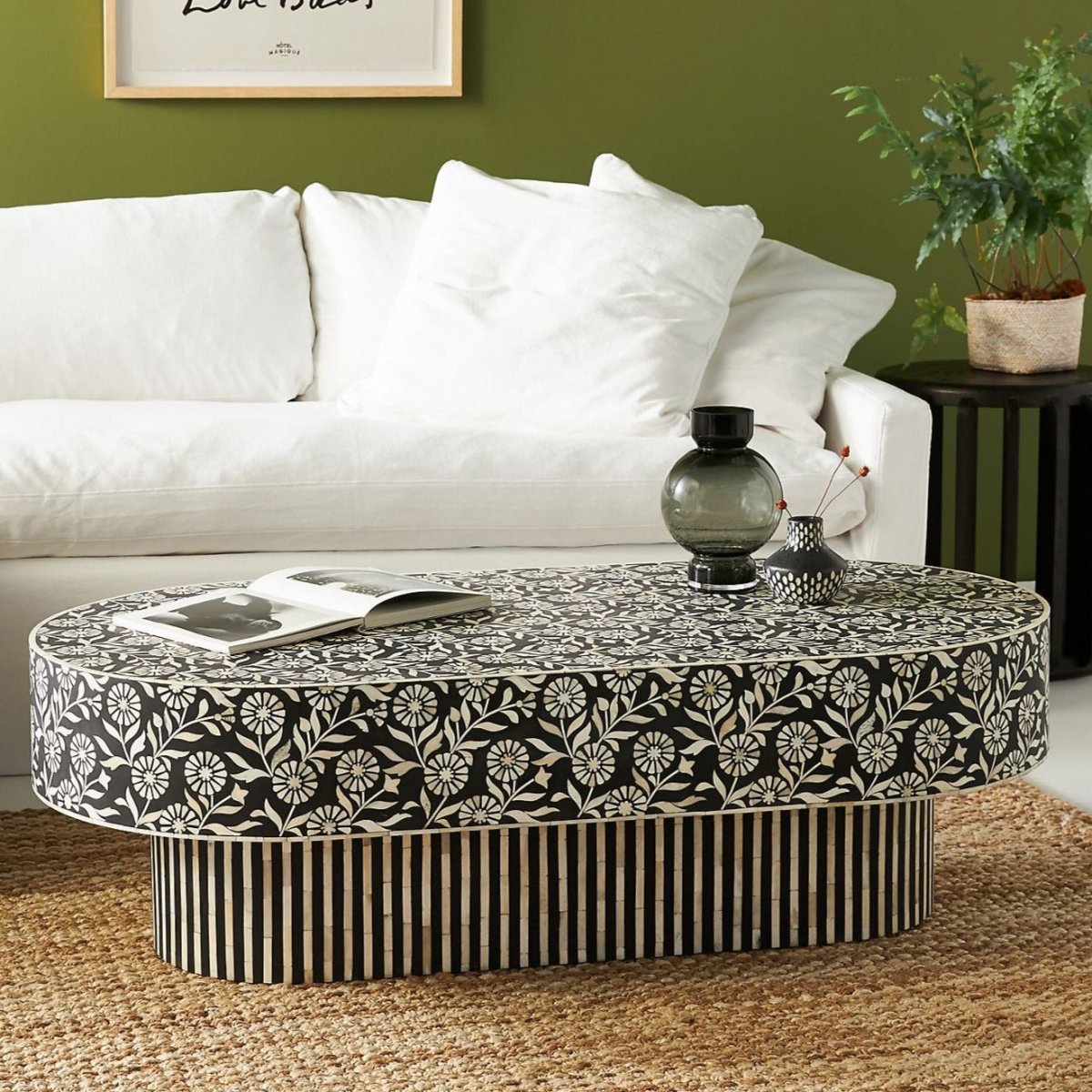 Handmade Bone Inlay Lalita Coffee Table with Floral Design in Black & White