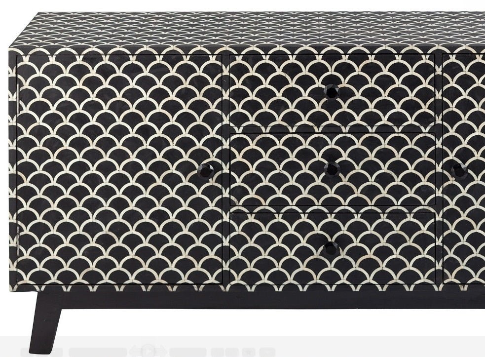 Handmade Bone Inlay Fish-scale Scalloped Sideboard in Black Color Credenza