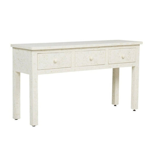 Handmade Bone Inlay Floral Three Drawers Console Table in White Color Entryway Table