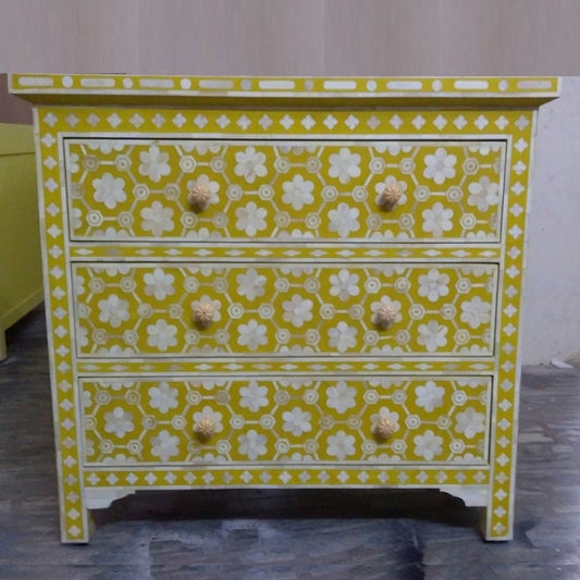 Handmade Bone Inlay Floral Design Chest of Three Drawer Dresser in Mustard Color