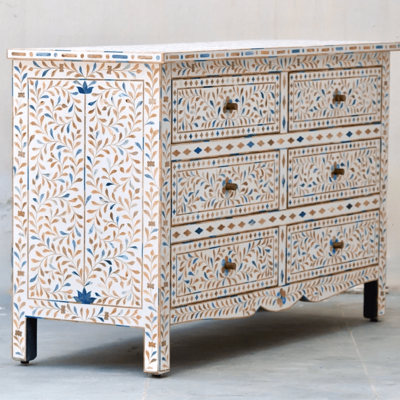 Handmade Bone Inlay Floral Design Chest of Six Drawers Indian Dresser