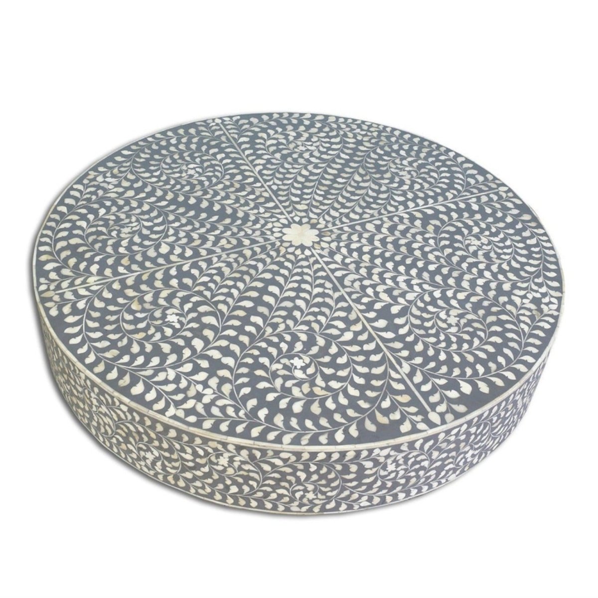 Handmade Bone Inlay Floral Design Round Coffee Table Grey Color