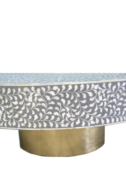 Handmade Bone Inlay Floral Design Round Coffee Table Grey Color