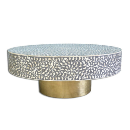 Handmade Bone Inlay Floral Design Round Coffee Table Grey Color