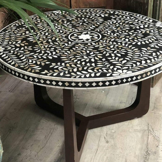 Handmade Bone Inlay Floral Design Round Coffee Table | Center Table in Black Color