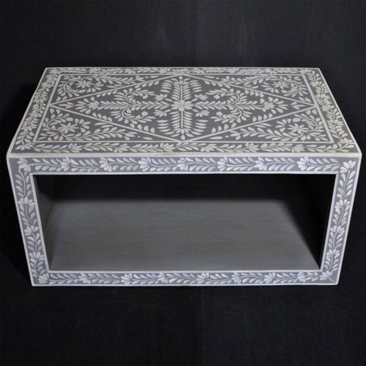 Handmade Bone Inlay Floral Pattern Coffee Table in Grey Color | Center Table