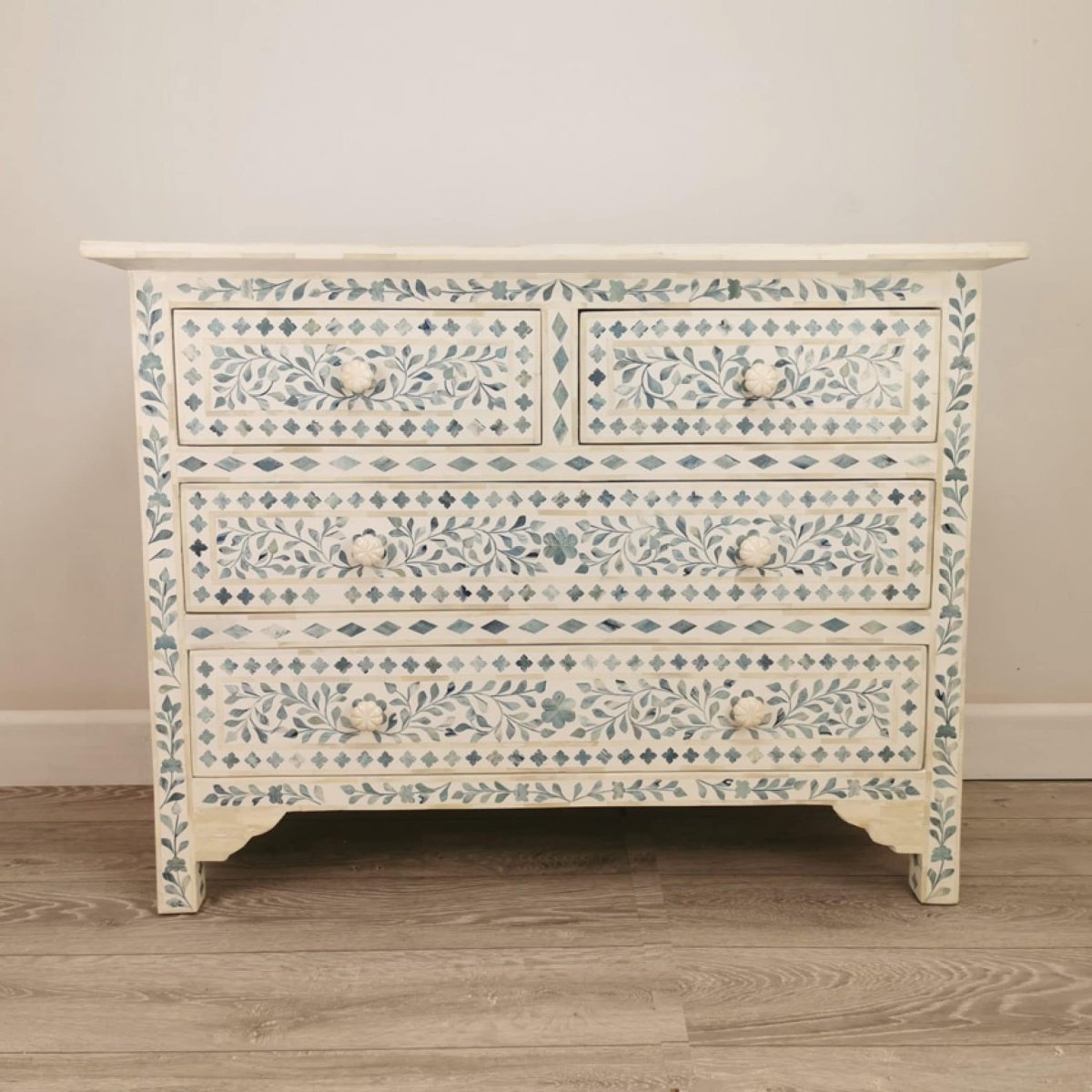 Handmade Bone Inlay Floral White with Blue design Chest of Four Drawers Dresser