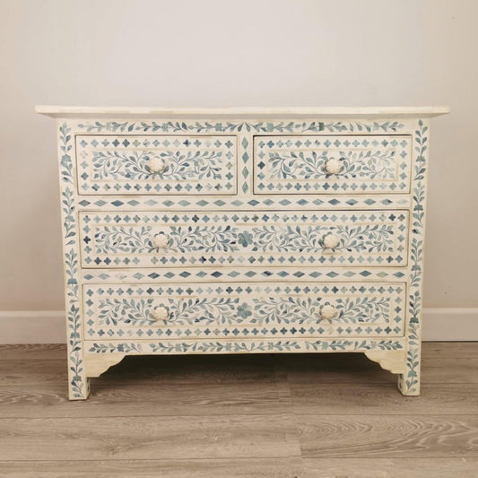 Handmade Bone Inlay Floral White with Blue design Chest of Four Drawers Dresser