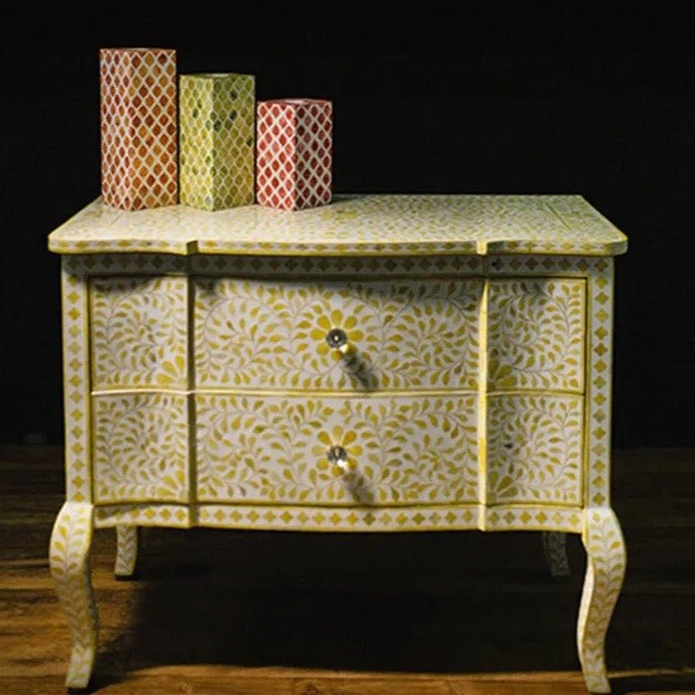 Handmade Bone Inlay French Floral Design Chest of Drawers in Yellow color with Two Drawer