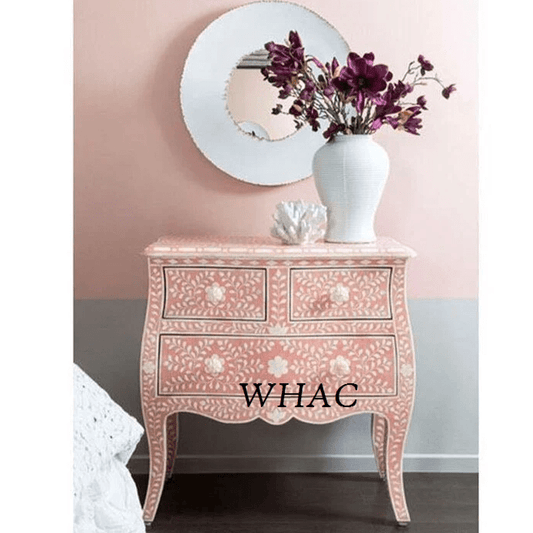 Handmade Bone Inlay French Style Nightstand in Floral Pattern with Three Drawer