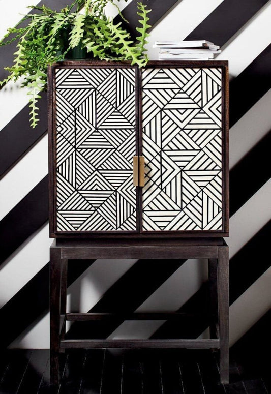 Handmade Bone Inlay Geometric Bar Cabinet Black Color Cabinetry Furniture with Two Door