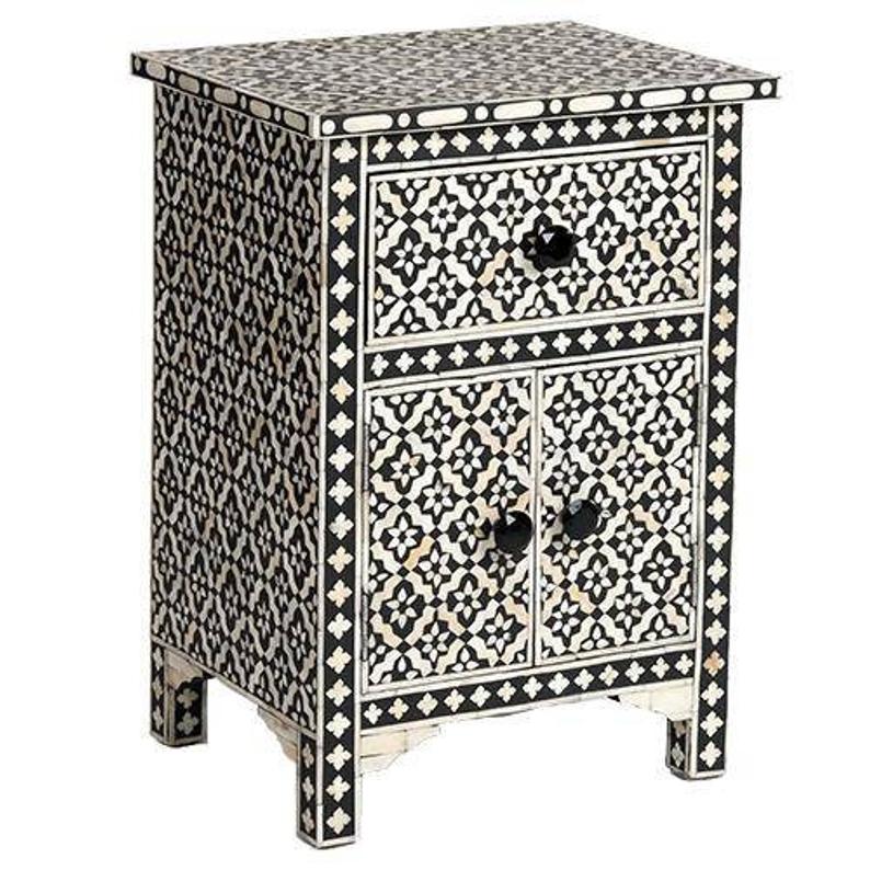 Handmade Bone Inlay Geometric Bedside Black Color with Two door and One Drawer