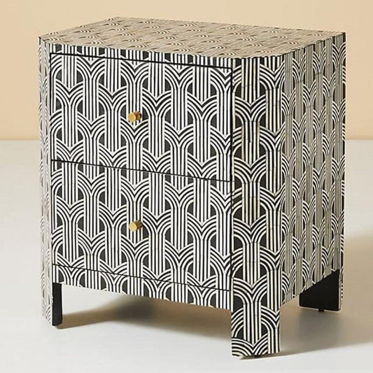 Handmade Bone Inlay Bedside in Black Color with Two Drawers