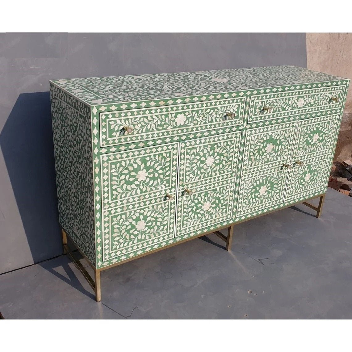 Handmade Bone Inlay Green and White Color Floral Sideboard Buffet with Four Doors and Two Drawers