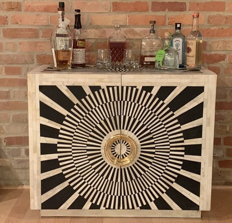 Handmade Bone Inlay Bar Cabinet with Two Door in Black and White Color