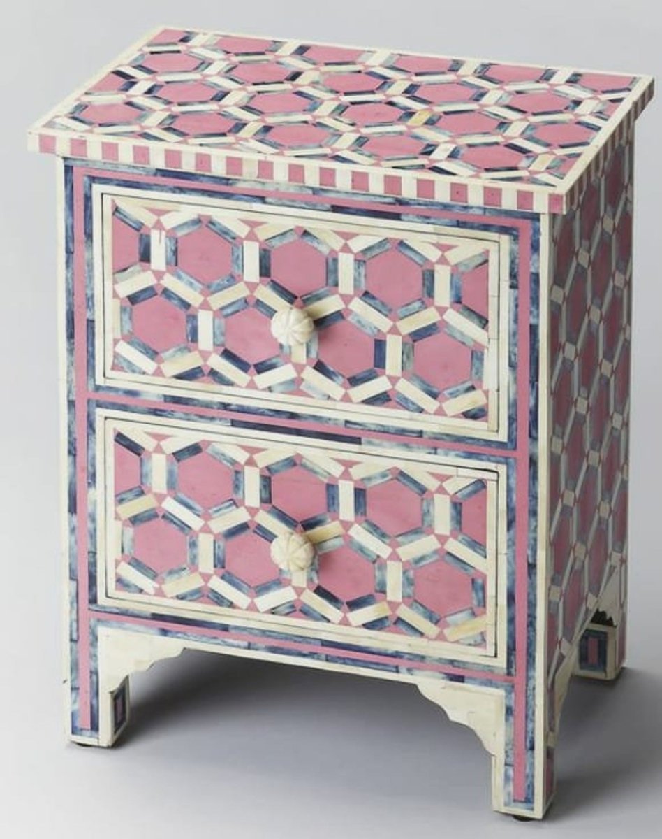 Handmade Bone Inlay Hexa Pink Color Nightstand | Bedside Table