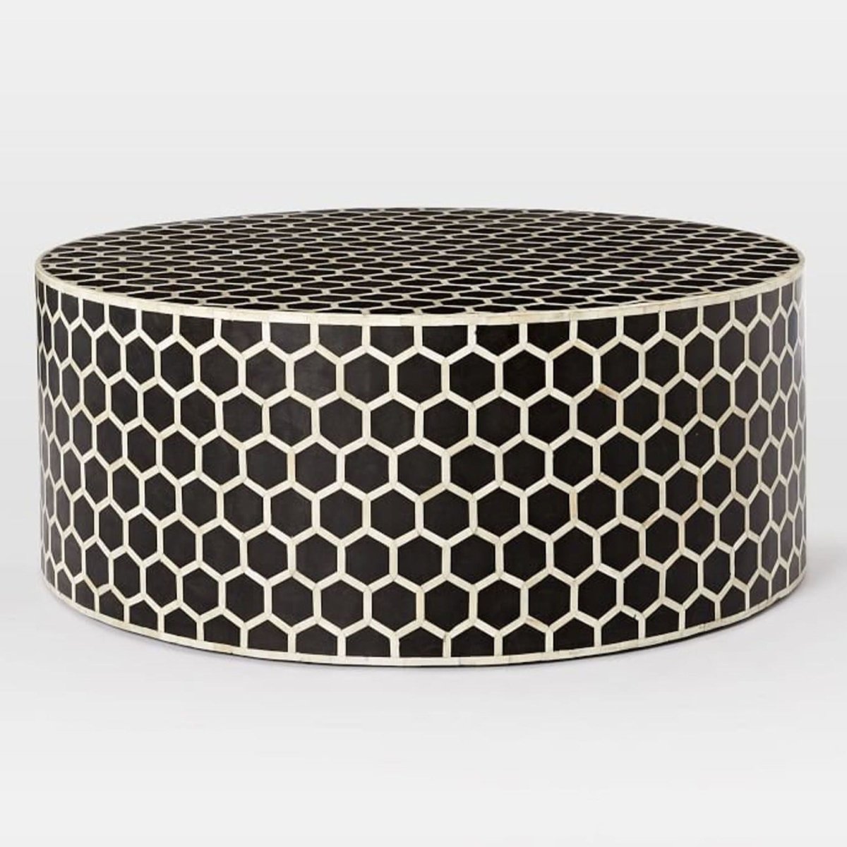 Handmade Bone Inlay Honeycomb Design Round Coffee Table in Black