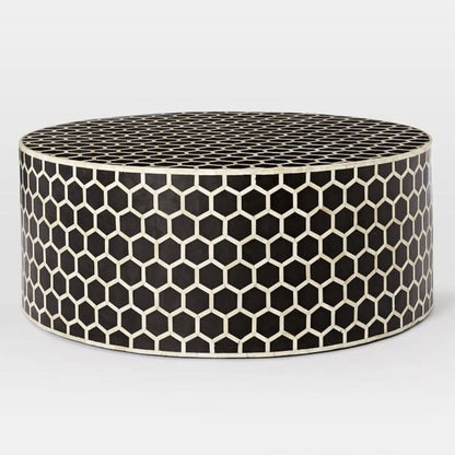 Handmade Bone Inlay Honeycomb Design Round Coffee Table in Black